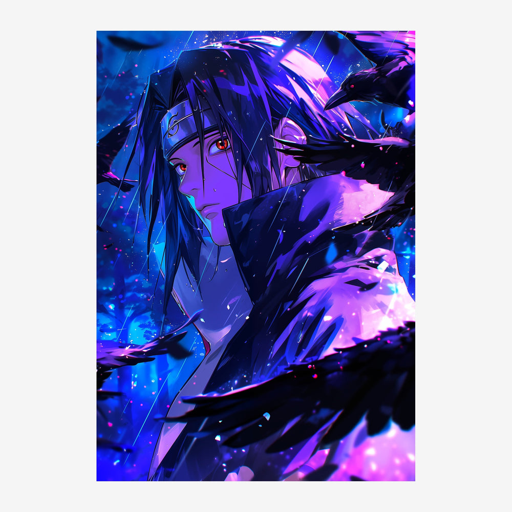 Portrait d'un personnage aux cheveux longs noirs, baigné de lumières néon bleues et violettes, avec des effets de lumière.