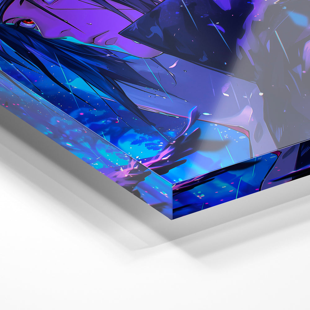 Gros plan de la matière : le tirage sous verre acrylique, tranche transparente visible.