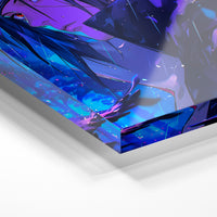 Gros plan de la matière : le tirage sous verre acrylique, tranche transparente visible.