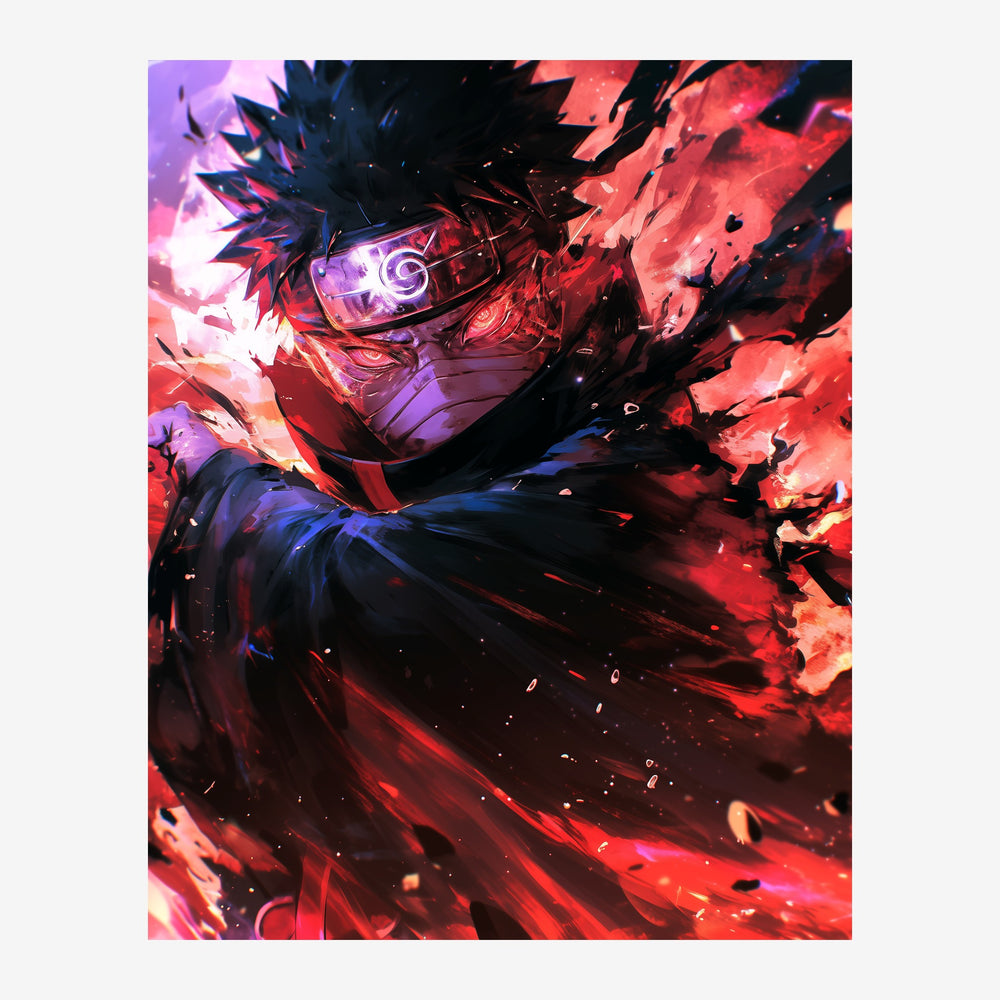 Un personnage ninja enveloppé dans une explosion de flammes rouges et violettes, avec des yeux lumineux brillants.