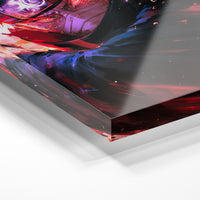 Gros plan de la matière : le tirage sous verre acrylique, tranche transparente visible.