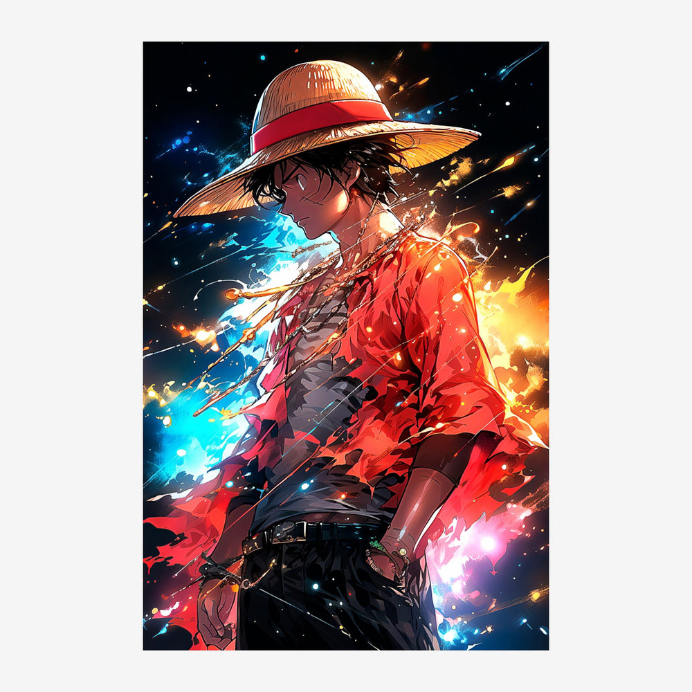 Personnage anime en profil portant un chapeau paille à ruban rouge, dans un tourbillon d'éclats de lumière bleue, or et rose.