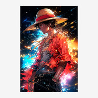 Personnage anime en profil portant un chapeau paille à ruban rouge, dans un tourbillon d'éclats de lumière bleue, or et rose.