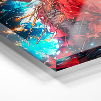 Gros plan de la matière : le tirage sous verre acrylique, tranche transparente visible.