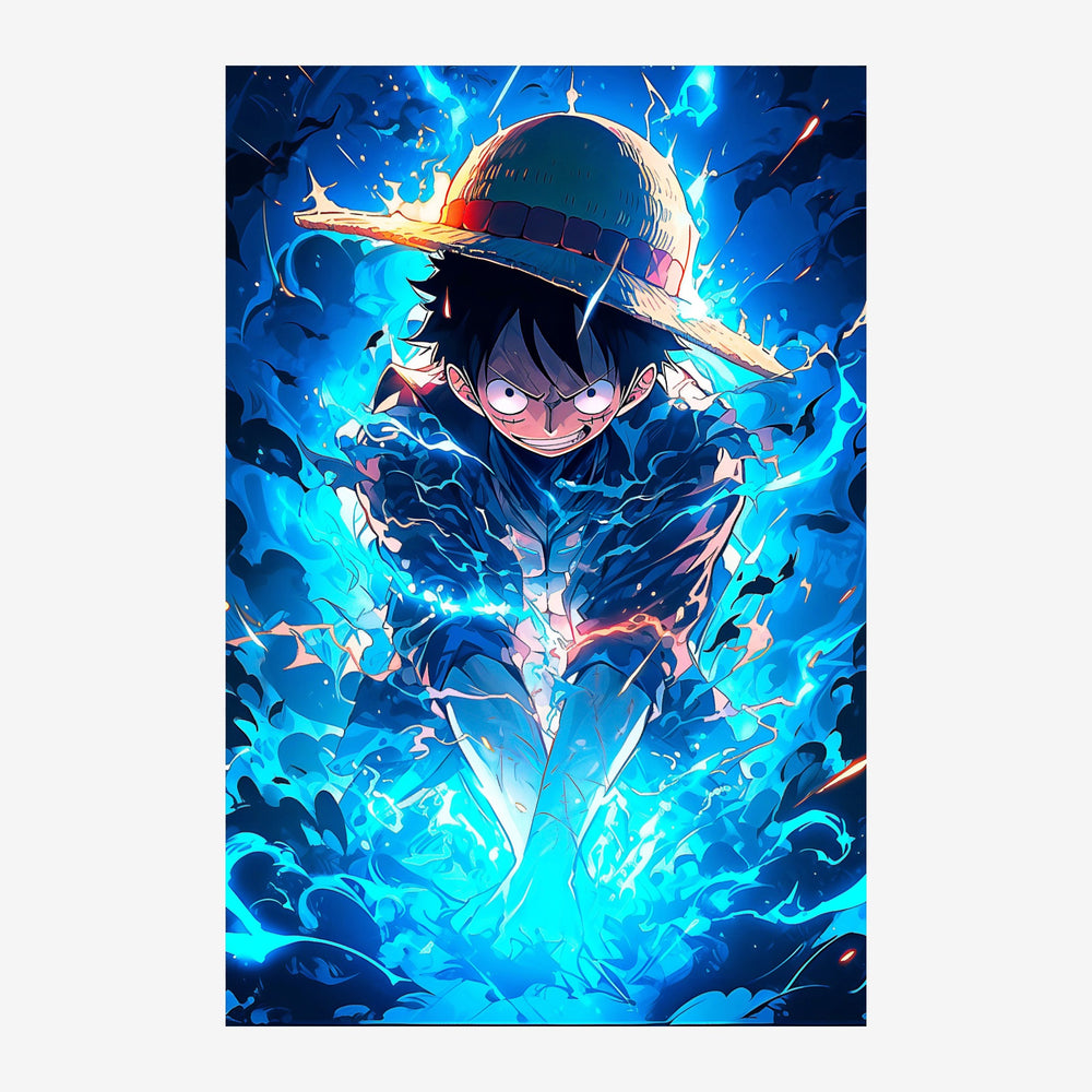 Affiche représentant un personnage de manga au chapeau blanc avec un grand sourire, entouré d'éclairs bleus électriques.