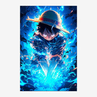 Affiche représentant un personnage de manga au chapeau blanc avec un grand sourire, entouré d'éclairs bleus électriques.