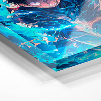 Gros plan de la matière : le tirage sous verre acrylique, tranche transparente visible.