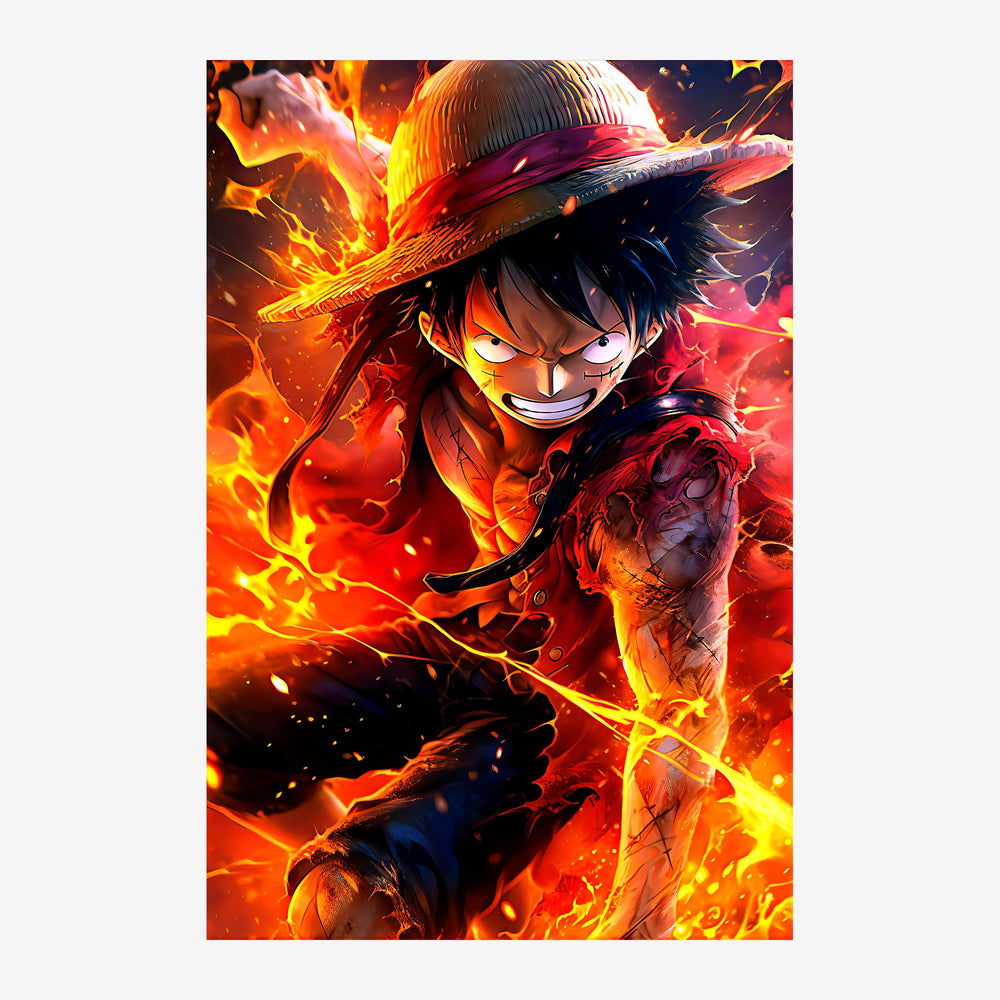 Un personnage pirate souriant avec chapeau, entouré de flammes orange et rouge intenses formant une aura énergétique.