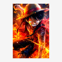 Un personnage pirate souriant avec chapeau, entouré de flammes orange et rouge intenses formant une aura énergétique.