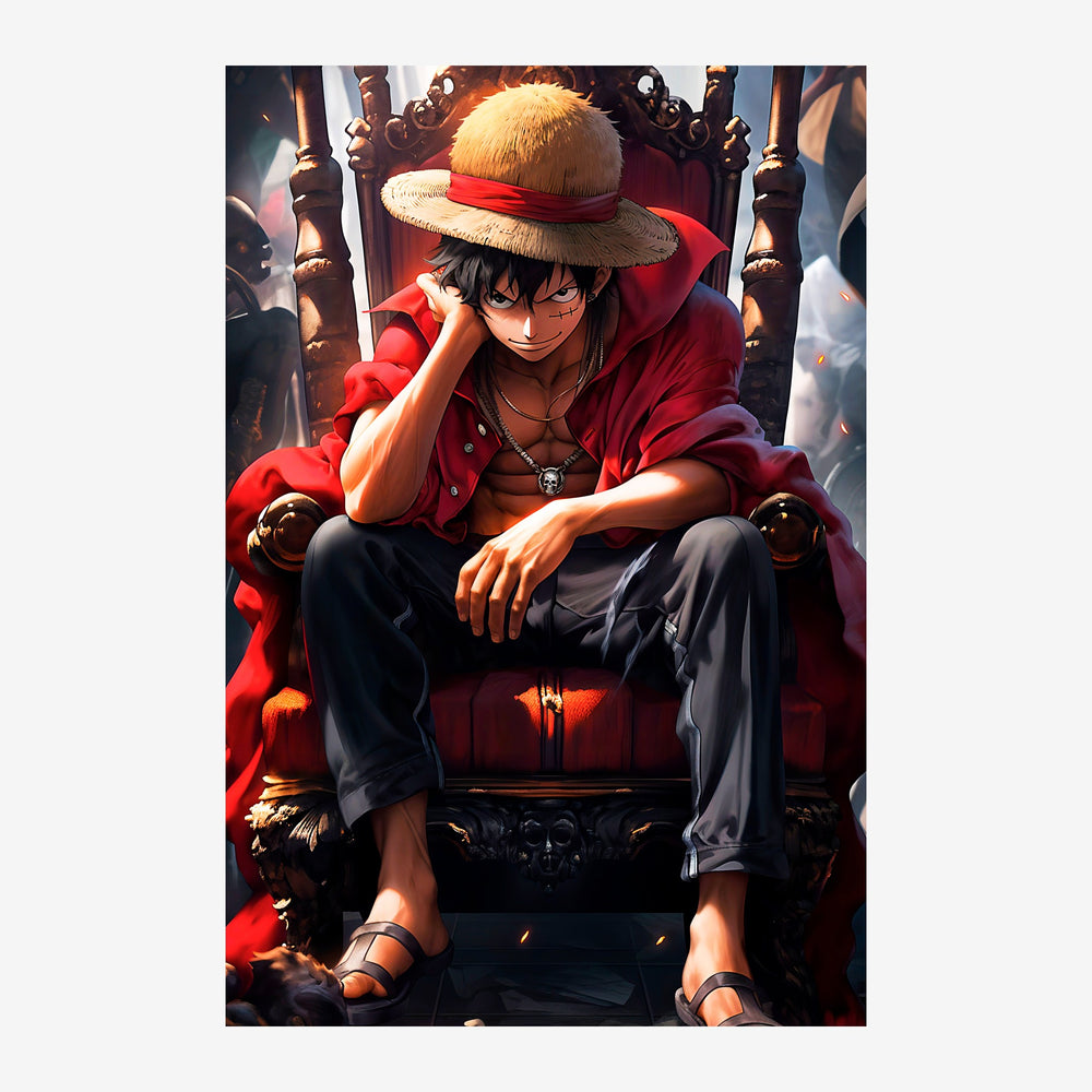 Illustration d'un pirate en costume rouge assis sur un trône, portant un chapeau de paille, regard déterminé.