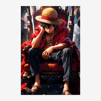 Illustration d'un pirate en costume rouge assis sur un trône, portant un chapeau de paille, regard déterminé.