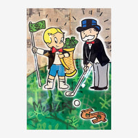 Illustration pop-art en style bande dessinée : un jeune homme blond tient un drapeau avec un dollar et un sac d'argent, face.