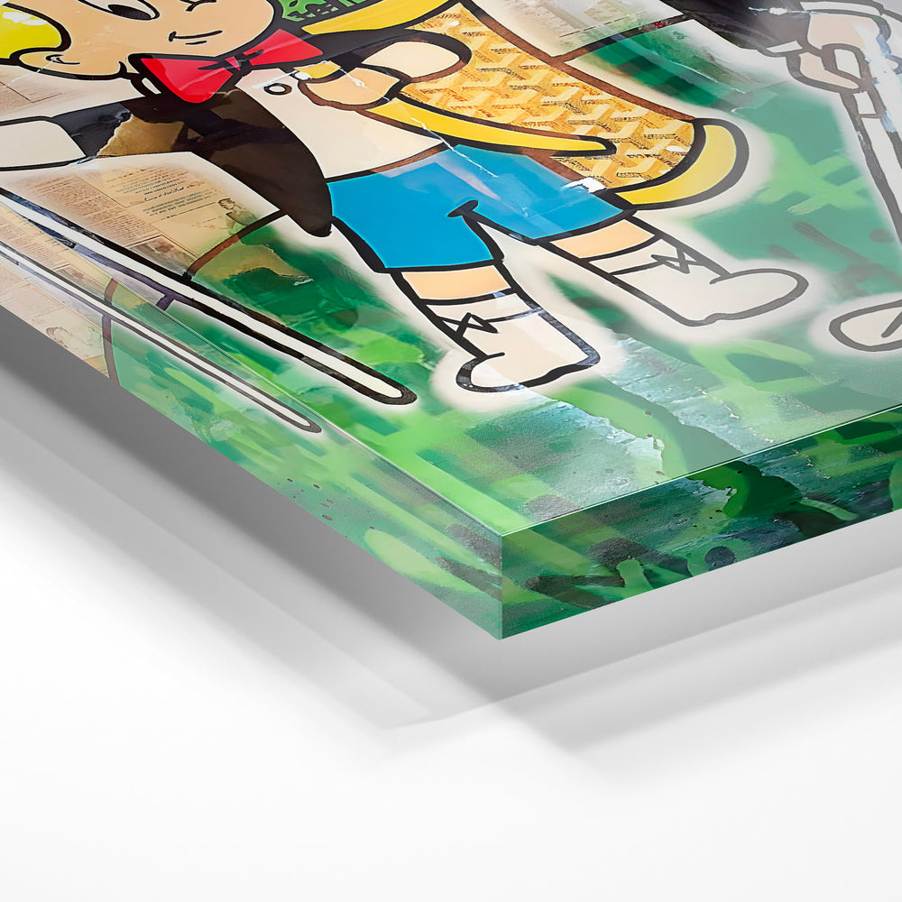 Gros plan de la matière : le tirage sous verre acrylique, tranche transparente visible.