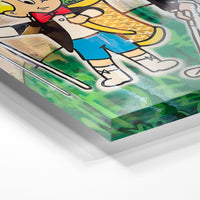 Gros plan de la matière : le tirage sous verre acrylique, tranche transparente visible.