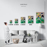 Guide des tailles : le tirage présenté dans ses 5 formats de vente, à l'échelle réelle sur un mur de salon, avec une règle en centimètres.