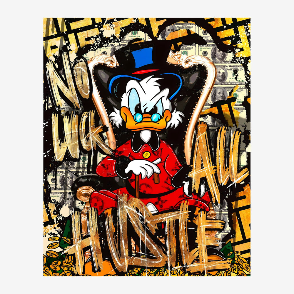Illustration d'un personnage cartoon en costume rouge et haut-de-forme bleu, entouré de traits dorés et noirs, de billets de.