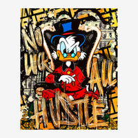Illustration d'un personnage cartoon en costume rouge et haut-de-forme bleu, entouré de traits dorés et noirs, de billets de.