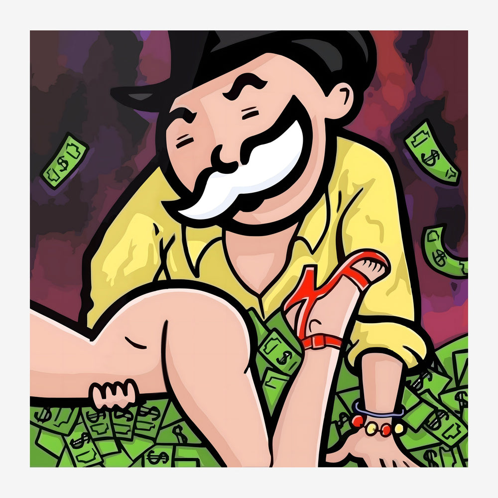 Un personnage aux traits épurés, souriant largement, porte une chemise jaune et s'assoit entouré de billets de banque verts.
