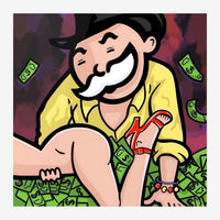 Un personnage aux traits épurés, souriant largement, porte une chemise jaune et s'assoit entouré de billets de banque verts.