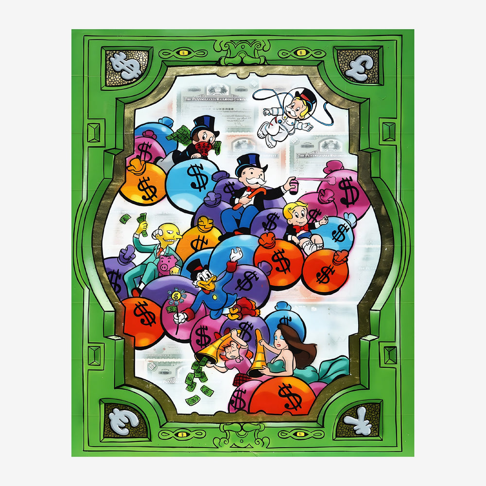 Illustration colorée montrant des personnages de bande dessinée jouant parmi de grandes pièces de monnaie multicolores.
