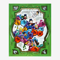 Illustration colorée montrant des personnages de bande dessinée jouant parmi de grandes pièces de monnaie multicolores.