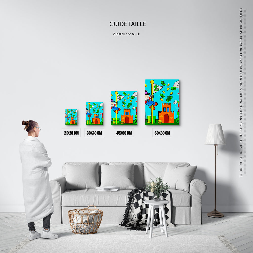 Guide des tailles : le tirage présenté dans ses 4 formats de vente, à l'échelle réelle sur un mur de salon, avec une règle en centimètres.