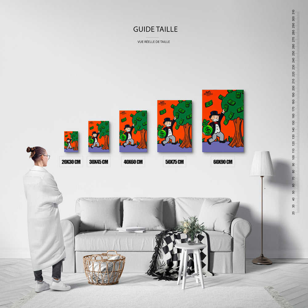 Guide des tailles : le tirage présenté dans ses 5 formats de vente, à l'échelle réelle sur un mur de salon, avec une règle en centimètres.