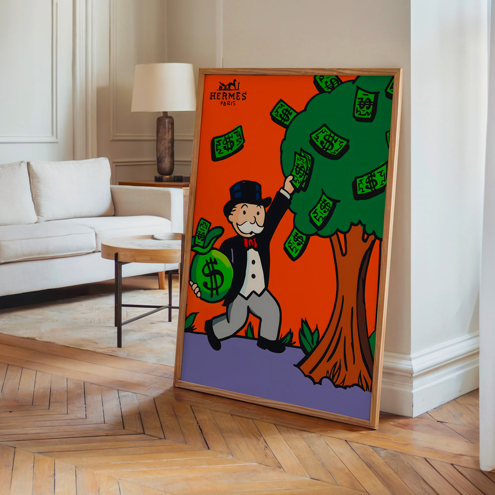 Le tableau accroché en situation dans un intérieur meublé.