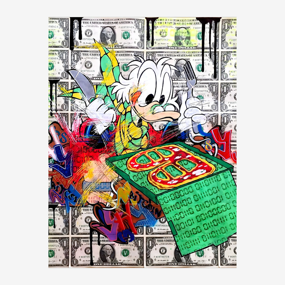 Affiche pop art représentant un canard blanc cartoon jouant à un jeu vidéo sur fond de billets de banque, avec des couleurs.