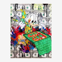 Affiche pop art représentant un canard blanc cartoon jouant à un jeu vidéo sur fond de billets de banque, avec des couleurs.