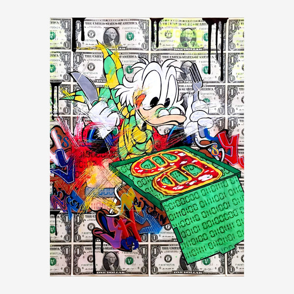 Affiche pop art représentant un canard blanc cartoon jouant à un jeu vidéo sur fond de billets de banque, avec des couleurs.