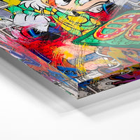 Gros plan de la matière : le tirage sous verre acrylique, tranche transparente visible.