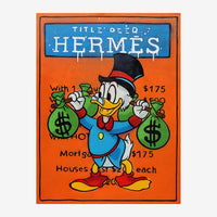 Affiche pop art montrant un canard anthropomorphe en haut-de-forme jonglant avec des sacs d'argent sur fond orange vif.