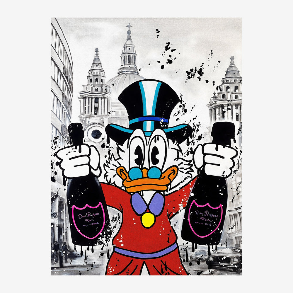 Affiche pop art représentant un canard cartoon vêtu de rouge avec un haut-de-forme bleu, tenant deux bouteilles, sur fond.