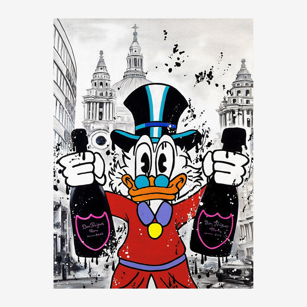 Affiche pop art représentant un canard cartoon vêtu de rouge avec un haut-de-forme bleu, tenant deux bouteilles, sur fond.