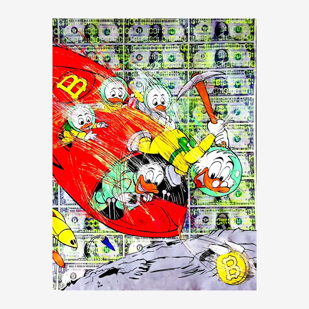 Illustration pop art montrant une famille en traîneau rouge dégringolant une pente, sur un fond de billets de banque.