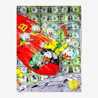 Illustration pop art montrant une famille en traîneau rouge dégringolant une pente, sur un fond de billets de banque.