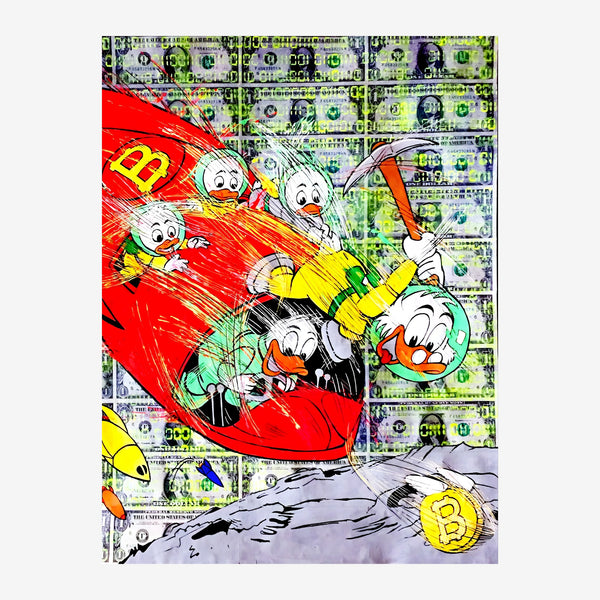 Illustration pop art montrant une famille en traîneau rouge dégringolant une pente, sur un fond de billets de banque.