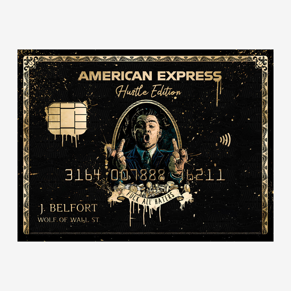 Affiche de carte de crédit fictive style pop-art noir et or avec portrait d'un homme en costume et texte « American Express.