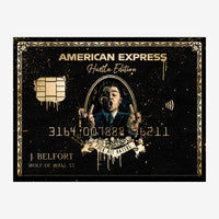 Affiche de carte de crédit fictive style pop-art noir et or avec portrait d'un homme en costume et texte « American Express.