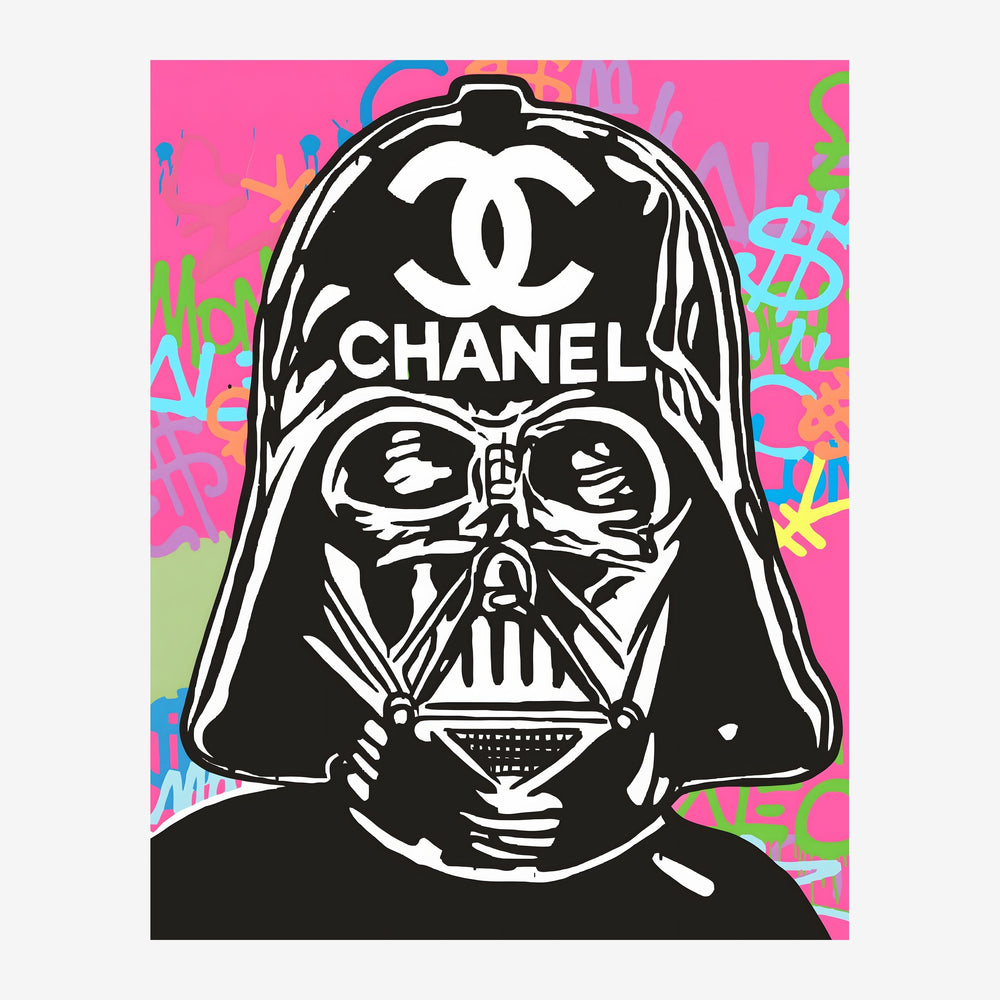 Un casque noir et blanc orné d'un logo de mode blanche sur un fond rose vif avec des graffitis colorés en bleu, vert et.