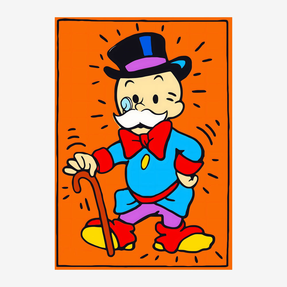 Portrait d'un homme souriant avec moustache blanche, chapeau haut de forme noir et bleu, nœud papillon rouge, tenant une.