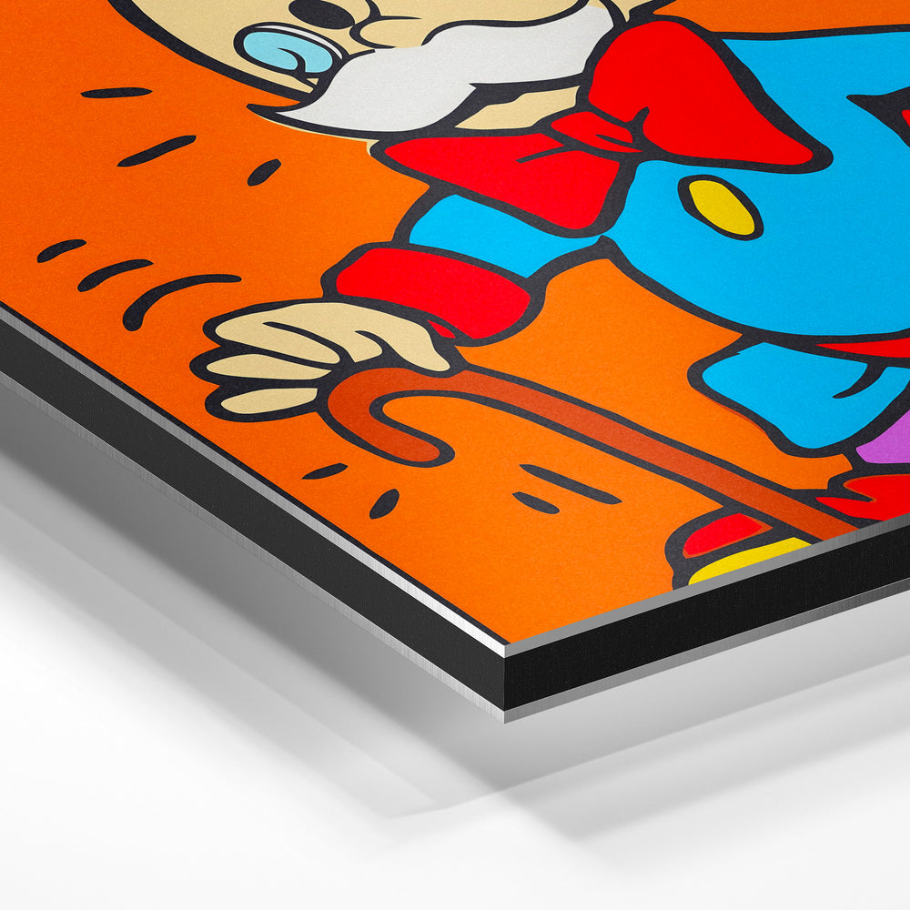 Gros plan de la matière : le tirage contrecollé sur aluminium Dibond mat, tranche visible.