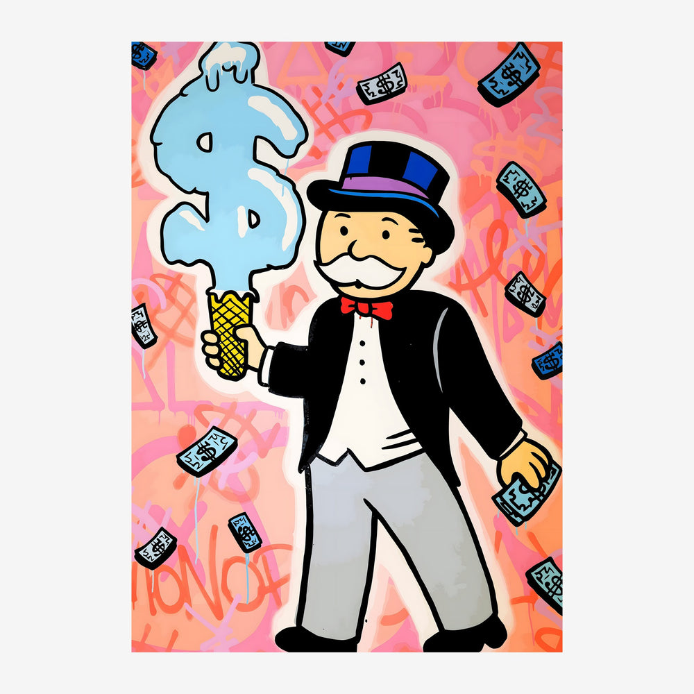 Un personnage en costume noir et haut-de-forme tient un dollar bleu dans sa main, souriant face à un fond rose et orange.