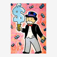 Un personnage en costume noir et haut-de-forme tient un dollar bleu dans sa main, souriant face à un fond rose et orange.
