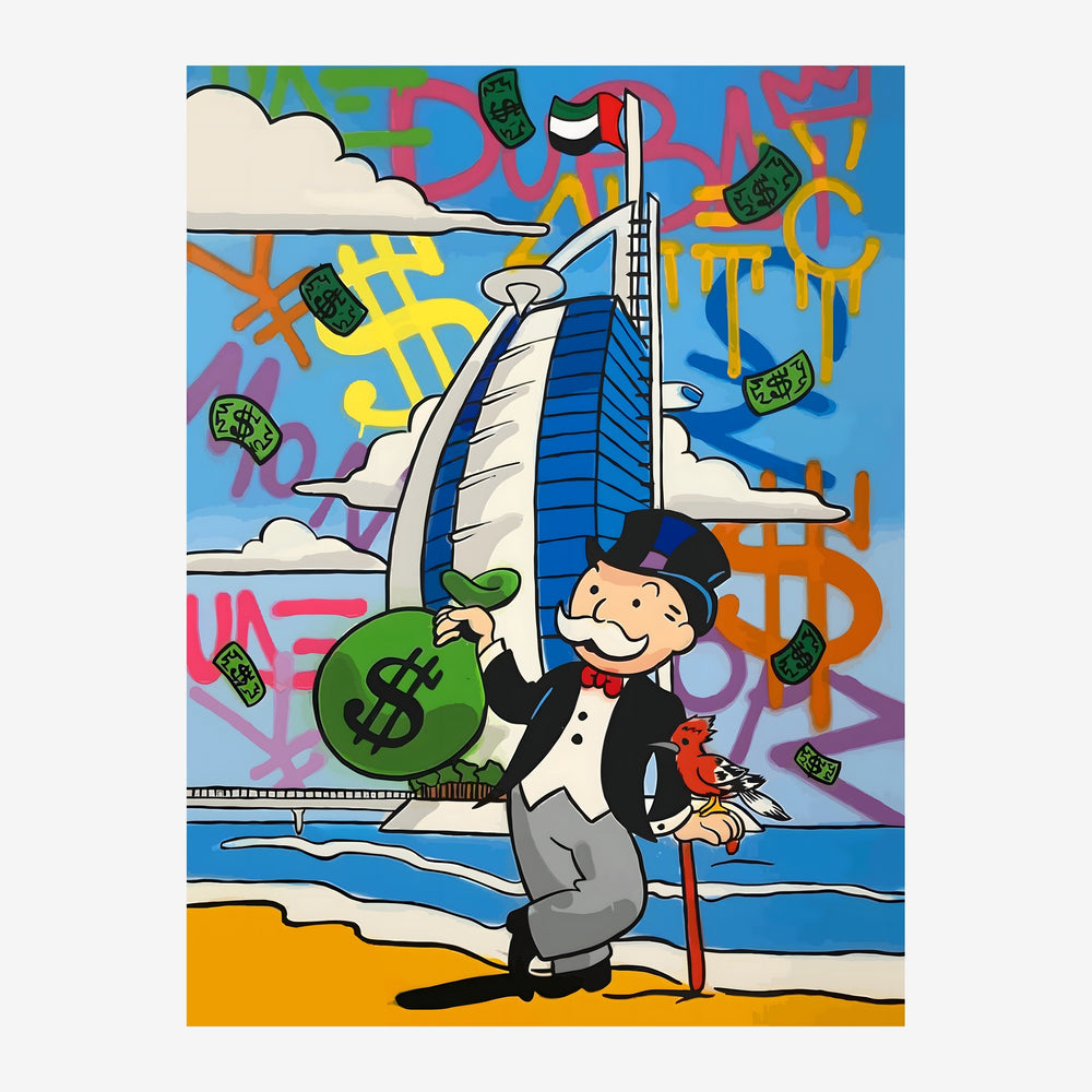 Affiche pop art montrant un homme en costume noir et blanc tenant un sac d'argent vert devant un hôtel blanc et bleu en bord.