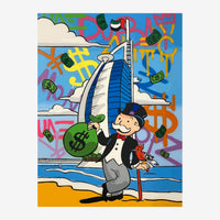 Affiche pop art montrant un homme en costume noir et blanc tenant un sac d'argent vert devant un hôtel blanc et bleu en bord.