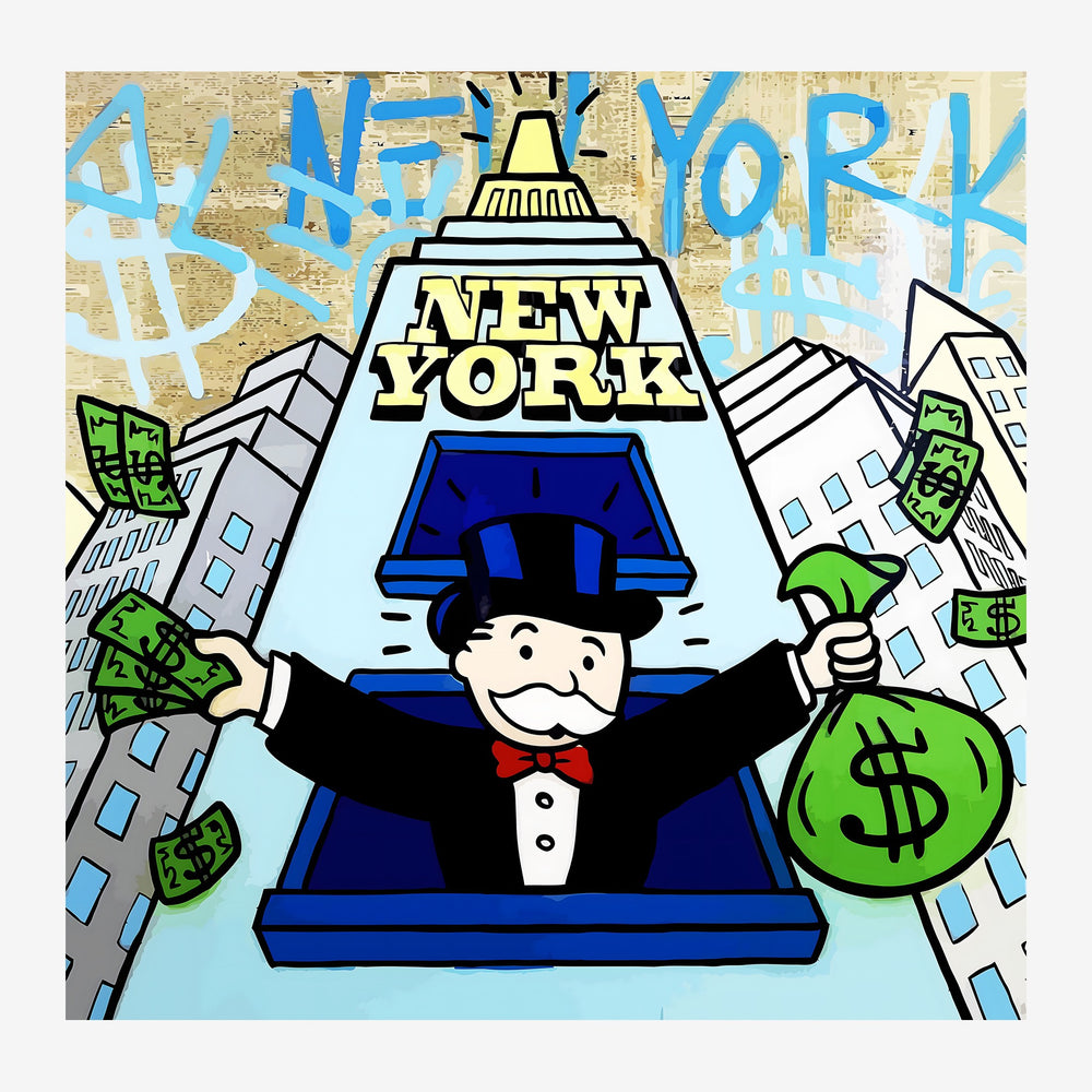 Illustration pop art montrant un homme en costume et haut-de-forme tenant des billets de dollars, devant une pyramide avec.