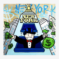 Illustration pop art montrant un homme en costume et haut-de-forme tenant des billets de dollars, devant une pyramide avec.
