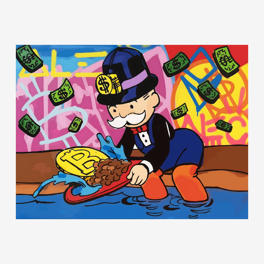 Un personnage au visage souriant vêtu d'un costume bleu et d'un chapeau noir récupère des lingots d'or tandis que des.